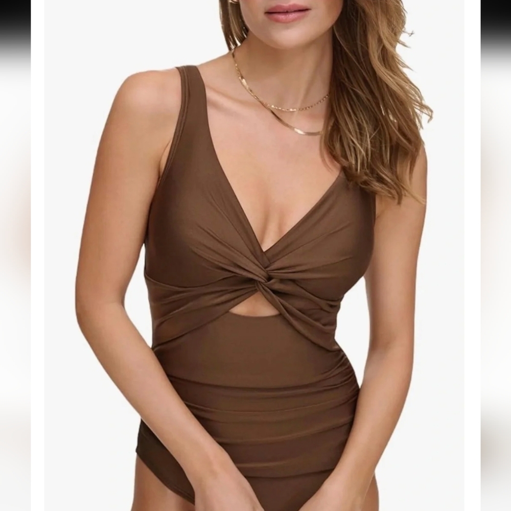 DKNY One Piece Womens Small Brown Twisted Knot Ruched‎ Swimsuit Beachwear - Picture 6 of 10